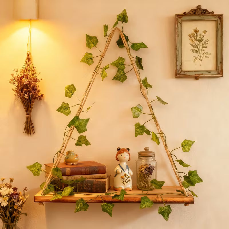 Led wooden wall Decoration  shelf with led light and green leaf string