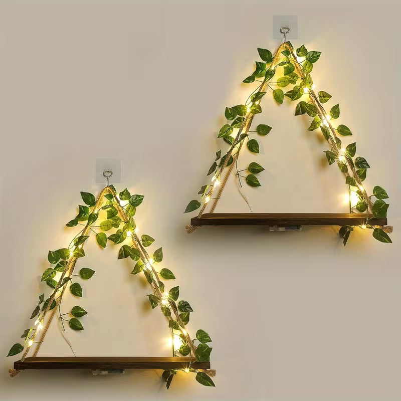 Led wooden wall Decoration  shelf with led light and green leaf string