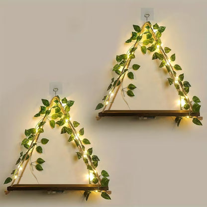 Led wooden wall Decoration  shelf with led light and green leaf string