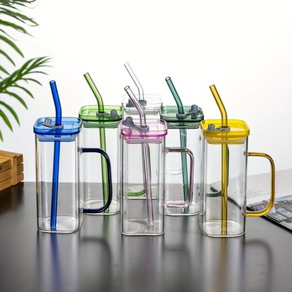 Transparent Square Drinking Glass With Lid And Straw - Image 9