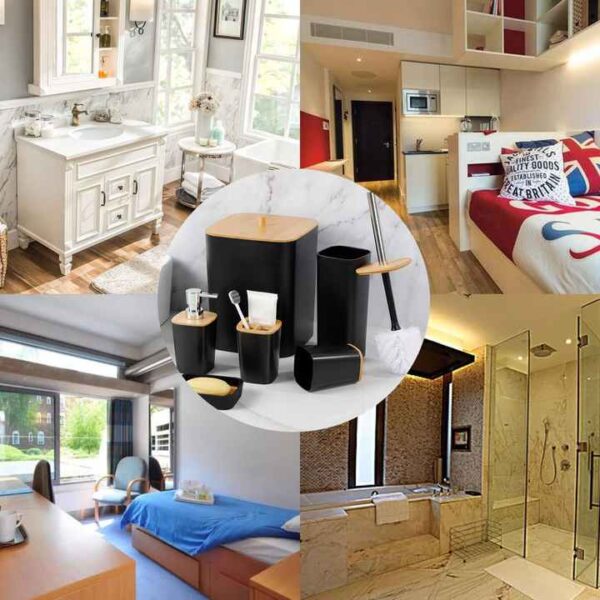 6 Pcs Washroom Set With Wooden Lid Plastic - Image 7